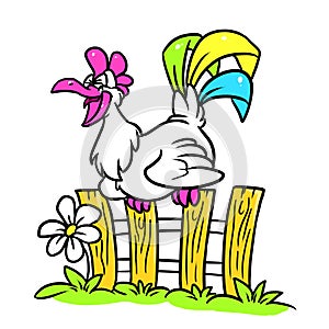 Rooster imorning sittingÂ  fence wakes up singing cartoon illustration